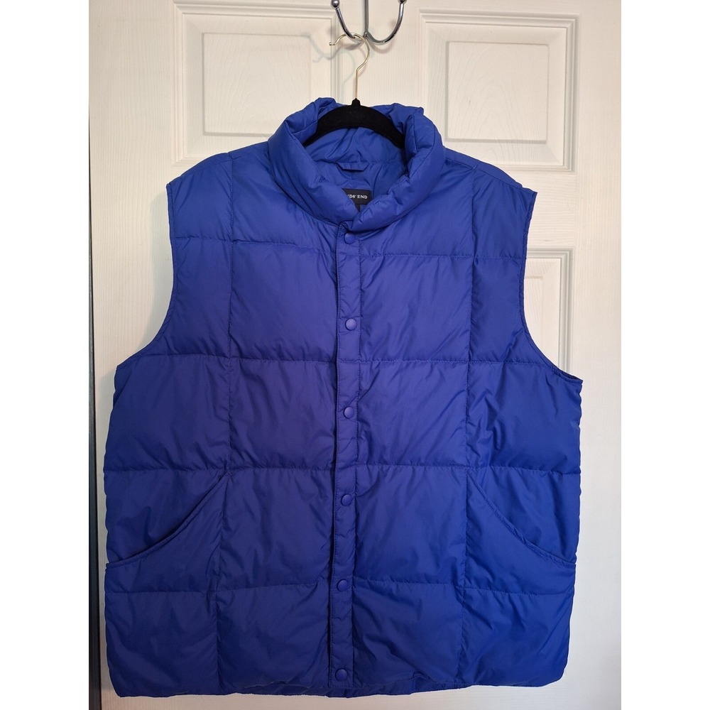 Lands End Puffer Vest Mens Large 42/44 Royal Blue Snap Goose Down Warm‎ Cozy
